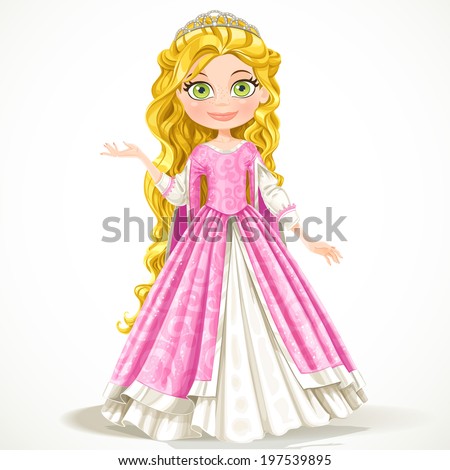 Beautiful young princess with long blond hair isolated on white background