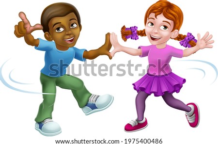 Young little girl and boy cartoon kid child characters dancing