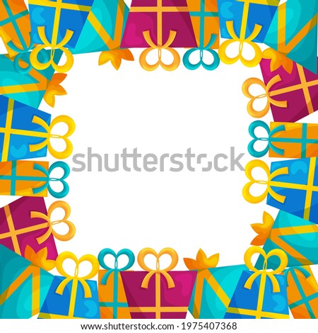 Cute frame template with colorful present boxes with ribbons and bows. White background. Flat style illustration.