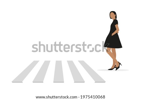 Young female character in a dress stands in front of a pedestrian crossing on a white background