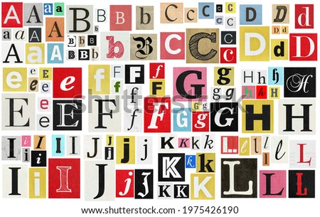 Paper cut letter A-L. Old newspaper magazine cutouts for creative crafting. Anonymous criminal message Royalty-Free Stock Photo #1975426190