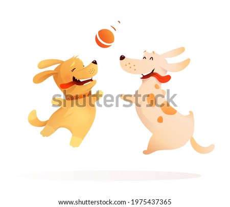 Two dogs best friends playing together, puppy and a dog jumping in the air to catch a ball. Happy doggie pets jumping fetching a ball. Vector illustration for kids.