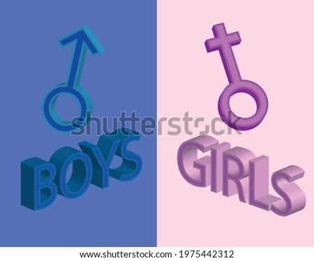 pink-blue background with the volumetric inscription "boys" and "girls" and the image of the sign of the male and female genders