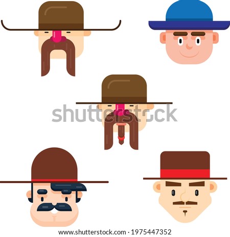 Set of five man faces wearing a long hat with different mustache styles. Flat Design Isolated vector illustration.