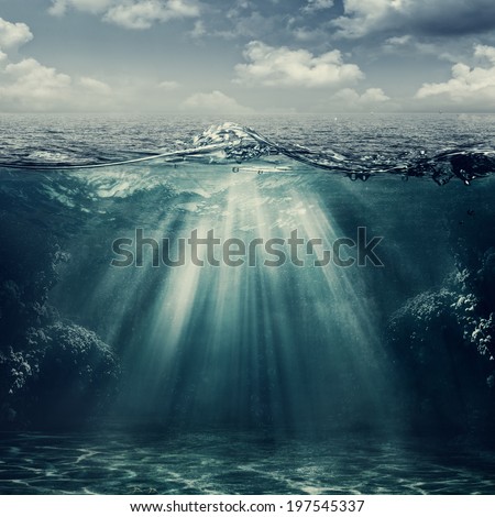 Retro style marine landscape with underwater view Royalty-Free Stock Photo #197545337
