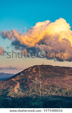Mountains landscape view. Sunset. Forest. Spring