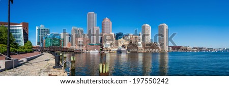 Panorama of Boston Harbor and Financial District in Boston, Massachusetts.