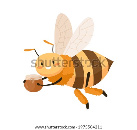 Cute bee with happy face flying and carrying honey pot. Smiling adorable honeybee holding jar in paws. Childish colored flat cartoon vector illustration of funny insect isolated on white background