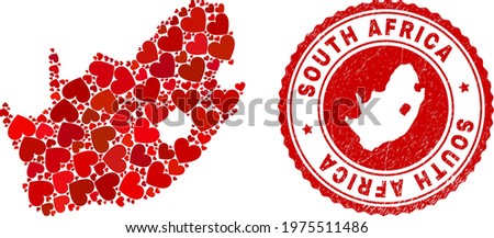 Collage South African Republic map composed with red love hearts, and textured stamp. Vector lovely round red rubber stamp imprint with South African Republic map inside.