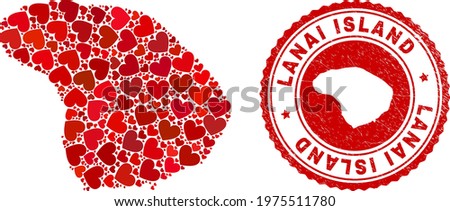 Mosaic Lanai Island map created with red love hearts, and rubber seal. Vector lovely round red rubber seal imprint with Lanai Island map inside.