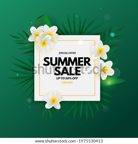 Summer sale poster. Natural Background with Tropical Palm Leaves, exotic plumeria flower. Vector Illustration EPS10