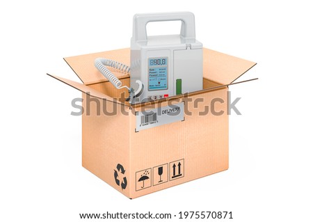 Infusion pump inside cardboard box, delivery concept. 3D rendering isolated on white background