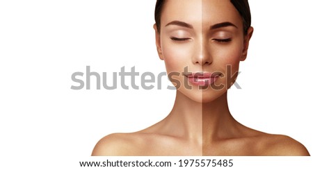 Tan. Half face tanned.. Woman skin before and after tan lotion or spray  Royalty-Free Stock Photo #1975575485