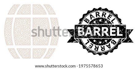 Barrel dirty seal print and vector barrel mesh structure. Black seal has Barrel caption inside ribbon and rosette. Abstract flat mesh barrel, created from flat mesh.