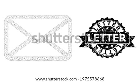 Letter rubber stamp seal and vector letter mesh model. Black stamp seal has Letter tag inside ribbon and rosette. Abstract 2d mesh letter, designed with flat mesh.