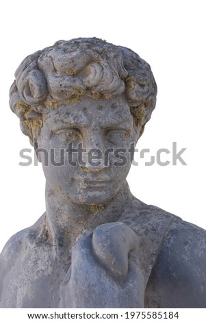 Close up of ancient stone sculpture of man on white background. art and classical style romantic figurative stone sculpture.