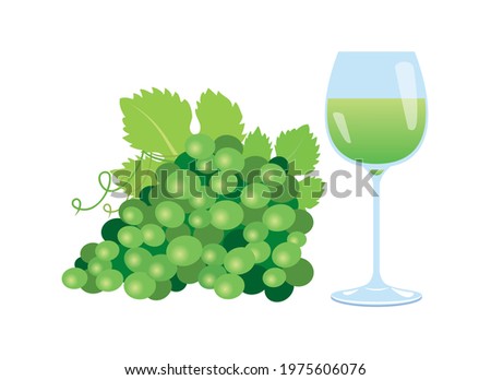 Green bunch of grapes and  glass of wine icon vector. Glass of white wine and green grapes icon isolated on a white background