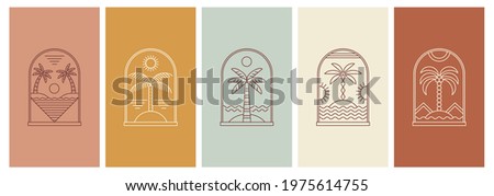 Abstract design summer logo template with palm trees. Modern minimal linear badge and emblem set for social media, vacations rentals and travel services. Royalty-Free Stock Photo #1975614755