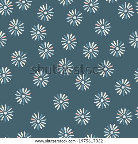 Nature seamless doodle pattern with abstract daisy flowers ornament. Blue pastel background. Random print. Graphic design for wrapping paper and fabric textures. Vector Illustration.