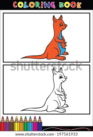 cartoon vector illustration of a kangaroo. With Coloring Book.