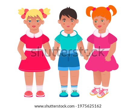 Children are holding hands. Children's illustration on the theme of friendship, unity, peace between nations, love between brothers and sisters. Flat. Vector. Cartoon style. Collage for web design.