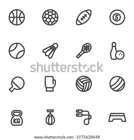 Sports equipment line icons set, outline vector symbol collection, linear style pictogram pack. Signs, logo illustration. Set includes icons as basketball, football, rugby, volleyball, boxing, tennis