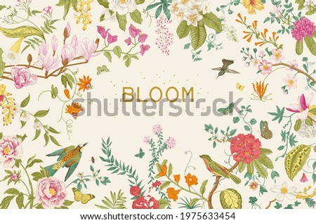 Greeting card. Bloom. Blooming tree. Horizontal frame. Vintage floral illustration 