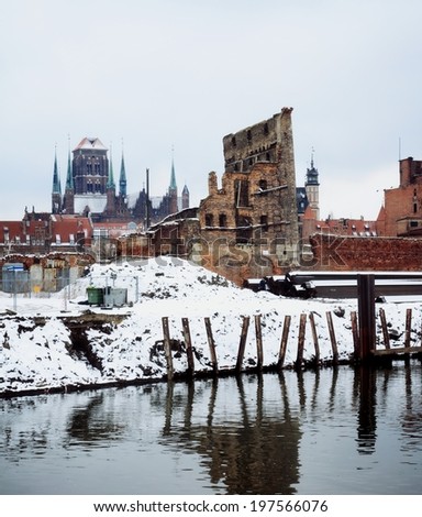 Ruins of old town in Gdansk at frosty winter, Poland