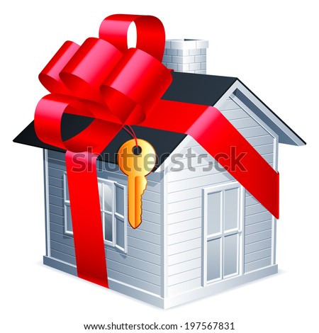 Little house with red ribbon and golden key.