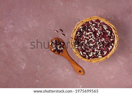 Ingredient, raw beans, marble, in a basket, on a table, top view, horizontal, no people,
