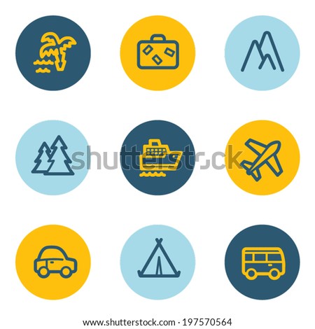 Travel web icon set 1, blue and yellow circle buttons