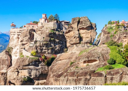 The Monastery of Varlaam and the Monastery of Great Meteoron at the Meteora. Meteora is one of the largest and most precipitously built complexes of Eastern Orthodox monasteries in Greece.