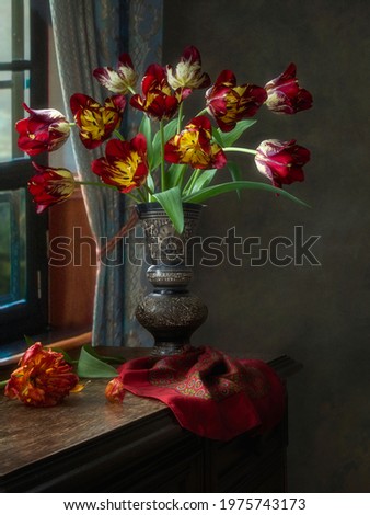 Still life with splendid bouquet of colorful tulips