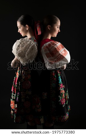 Young beautiful slovak women in traditional dress. Slovak folklore 
