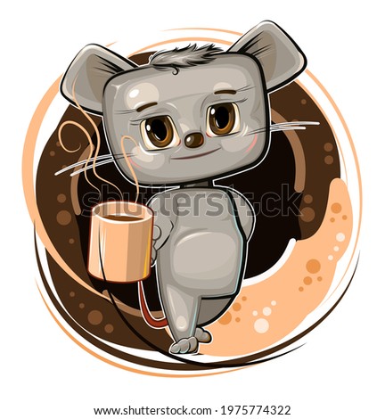 The mouse treats with coffee. Cartoon flat style. Young animal cub with a mug. A cute baby offers a hot morning drink with frothy. The isolated object on a white background. Vector