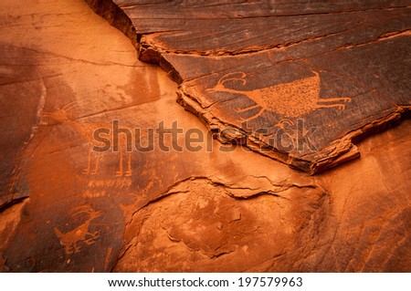 Monument Valley rock painting texture with navajo indian animal picture