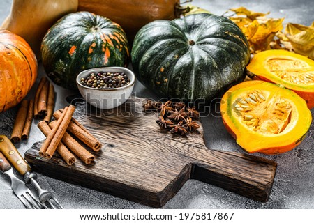 Food cooking background on Thanksgiving day or autumn pumpkin holiday. White background. Top view