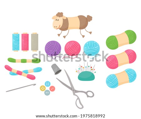 set of sewing accessories. needles, pins, yarn, wool, spool of thread, scissors. vector illustration isolated on white background