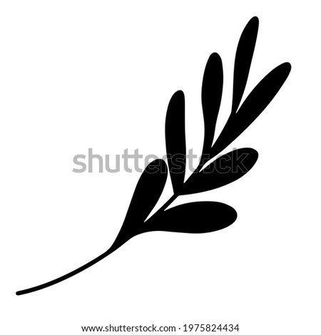 Silhouette of twigs with leaves. Isolated illustration on a white background. Cute botanical element, black doodle. Hand drawn tree branch for design and decoration. Monochrome