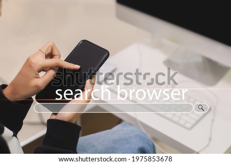 women using smartphones with search browser icons. online search information browser web. sign symbol on mobile.