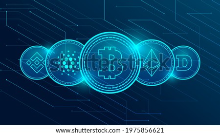 Set of most famous cryptocurrency coins. International stock exchange. Network bitcoin marketing vector. Royalty-Free Stock Photo #1975856621