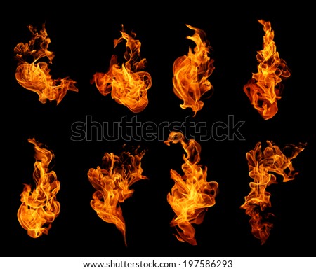 Fire flames collection isolated on black background Royalty-Free Stock Photo #197586293
