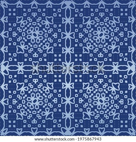 Antique portuguese azulejo ceramic. Graphic design. Vector seamless pattern texture. Blue floral and abstract decor for scrapbooking, smartphone cases, T-shirts, bags or linens.