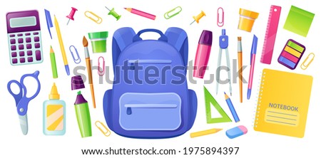 Stationery for school and kids backpack. Education supplies for children study. Vector cartoon set of bag, pen, pencils, eraser, drawing compass, notebook, calculator, scissors and ruler Royalty-Free Stock Photo #1975894397