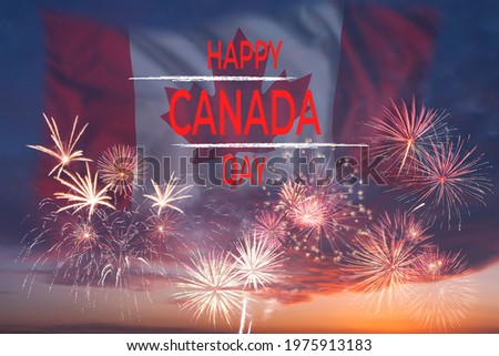 Holiday card with fireworks and flag for Canada Day, independence day
