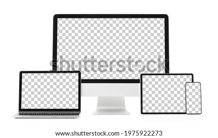 Mockup of different tech gadgets with transparent pattern on screens, isolated on white background Royalty-Free Stock Photo #1975922273