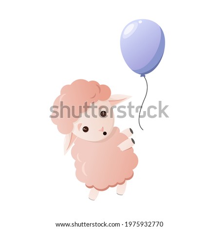 Cute fluffy pink sheep is running after the balloon. Children's animal illustration.