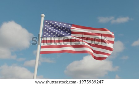 American flag is waving on a cloudy and blue sky background. 4th of July Independence day. American holidays.
