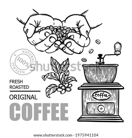 COFFEE GRINDER Design Elements Of Stickers And Labels For Store Of Dessert Drink Natural Products In Sketch Style Hand Drawn Vector Illustration Set For Print
