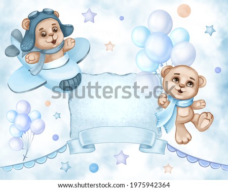 Teddy Bear, Baby Boy, Cute Kids clip art. Design for a first birthday greeting card